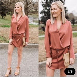 Olivaceous dress, silk material, cinched waist